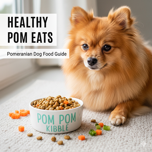 Chó Phốc Sóc ngồi cạnh bát thức ăn hạt với rau củ nhỏ, tiêu đề "HEALTHY POM EATS - Pomeranian Dog Food Guide