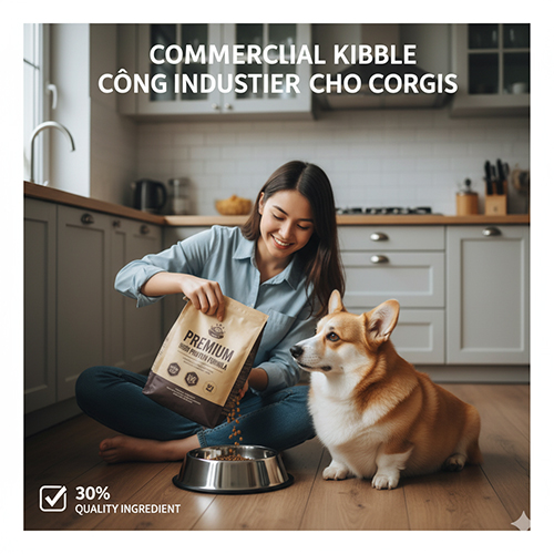 Chủ nuôi cho chó Corgi ăn thức ăn hạt công nghiệp trong bếp gia đình