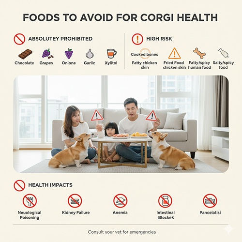 Thức ăn nguy hiểm cần tránh cho chó Corgi – sô-cô-la, nho, hành tỏi, xylitol, đồ chiên dầu, xương nấu chín