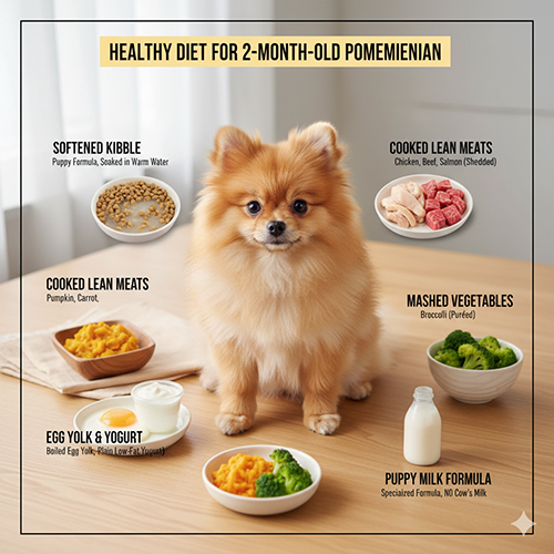 Infographic trình bày các loại thức ăn phù hợp cho chó Phốc Sóc 2 tháng tuổi bao gồm hạt mềm, thịt nạc nấu chín, rau củ nghiền, lòng đỏ trứng và sữa chua, và sữa công thức cho chó con, với một chú chó Phốc Sóc con đáng yêu ngồi giữa các món ăn.