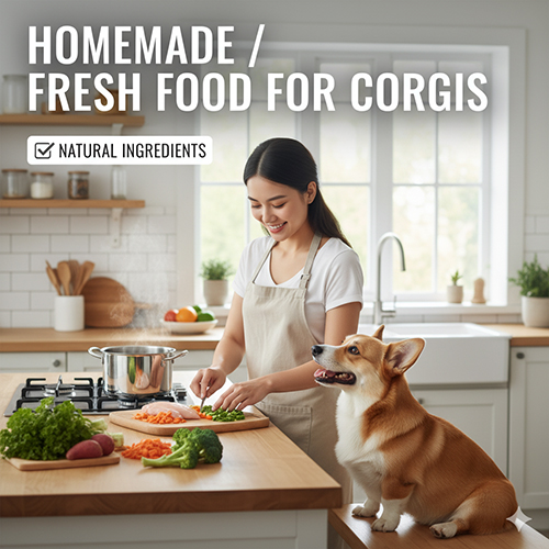 Chủ nuôi chuẩn bị bữa ăn tự nấu với rau củ và thịt tươi cho chó Corgi trong bếp