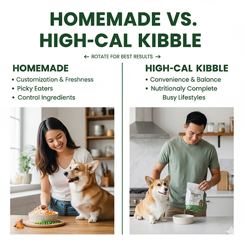 So sánh chó Corgi ăn thức ăn tự nấu và hạt High-Cal giàu năng lượng