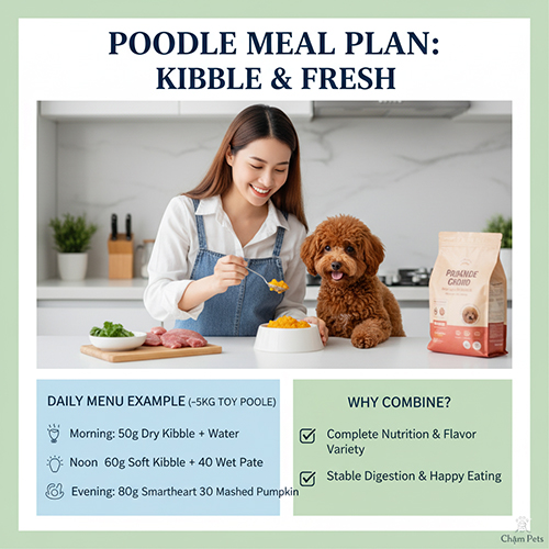 Thực đơn mẫu cho chó Poodle ~5kg – kết hợp hạt khô, hạt mềm, pate và bí đỏ nghiền để cân bằng dinh dưỡng và kích thích vị giác.