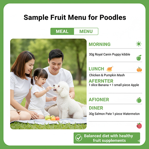 Thực đơn mẫu có hoa quả cho Poodle: sáng hạt Royal Canin, trưa cháo gà bí đỏ, chiều chuối và táo, tối pate cá hồi và dưa hấu