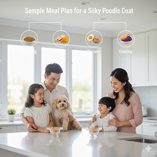 Thực đơn mẫu cho chó Poodle lông mượt – hạt dinh dưỡng, cá hồi, trứng gà, pate gan, thịt gà, khoai lang