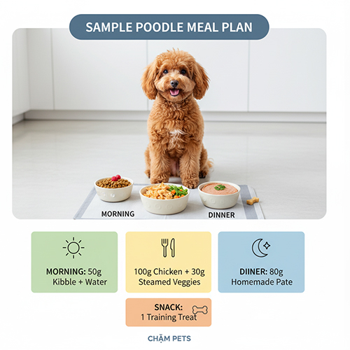 Thực đơn mẫu 1 ngày cho chó Poodle gồm hạt khô, thịt gà, rau củ và pate
