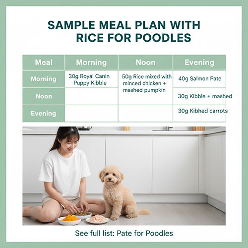 Thực đơn mẫu có cơm cho chó Poodle – sáng ăn hạt khô, trưa cơm trộn gà băm bí đỏ, chiều pate cá hồi, tối hạt khô với cà rốt nghiền.