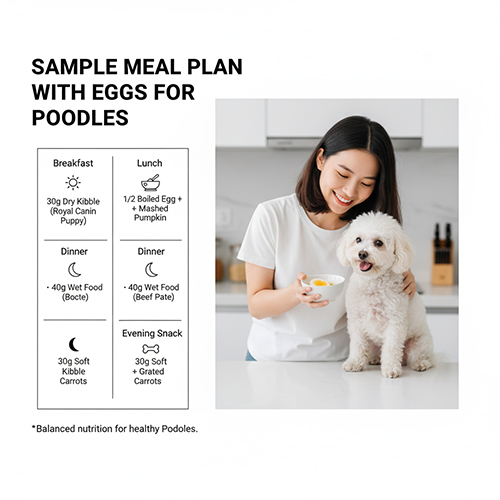 Thực đơn mẫu cho chó Poodle với trứng – gợi ý bữa sáng, trưa, chiều và tối cân bằng dinh dưỡng