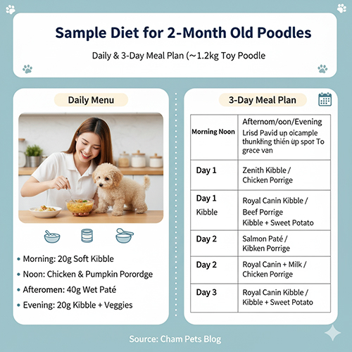 Thực đơn mẫu cho Poodle 2 tháng tuổi (~1,2kg): gồm 4 bữa/ngày với hạt mềm, cháo thịt gà bí đỏ, pate loãng, rau củ xay; kèm gợi ý thực đơn luân phiên 3 ngày.