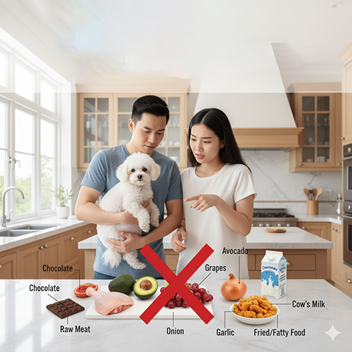 ❌ Thực phẩm cần tránh khi chó Poodle mang thai: chocolate, hành, tỏi, nho, bơ, đồ sống, đồ chiên rán