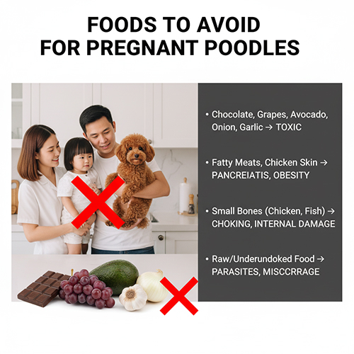 Thực phẩm cần tránh cho chó Poodle mang thai: socola, nho, bơ, hành, tỏi, thịt mỡ, da gà, xương nhỏ, đồ sống hoặc tái