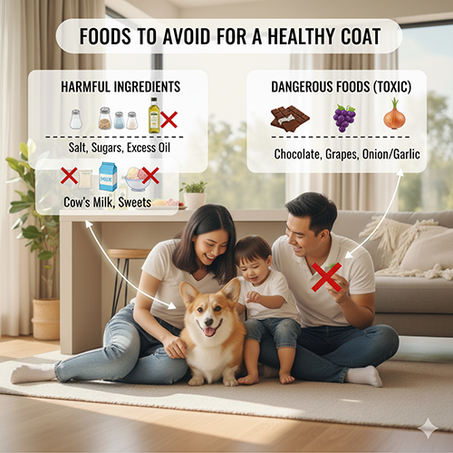 Những thực phẩm làm xấu lông chó Corgi – muối, dầu mỡ, đường, sữa bò và các thực phẩm độc hại như sô-cô-la, nho, hành, tỏi