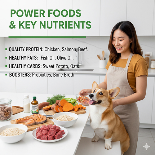 Chó Corgi bên cạnh thực phẩm giàu dinh dưỡng như thịt bò, cá hồi, khoai lang, yến mạch