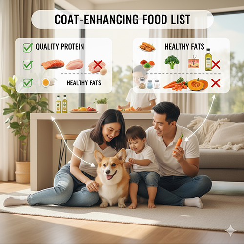 Danh sách thực phẩm giúp chó Corgi có bộ lông đẹp – protein chất lượng, chất béo tốt, rau củ và carb lành mạnh