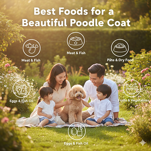 Thực phẩm giúp chó Poodle lông đẹp – thịt cá, pate, hạt dinh dưỡng, trứng, dầu cá, rau củ quả giàu vitamin và omega-3