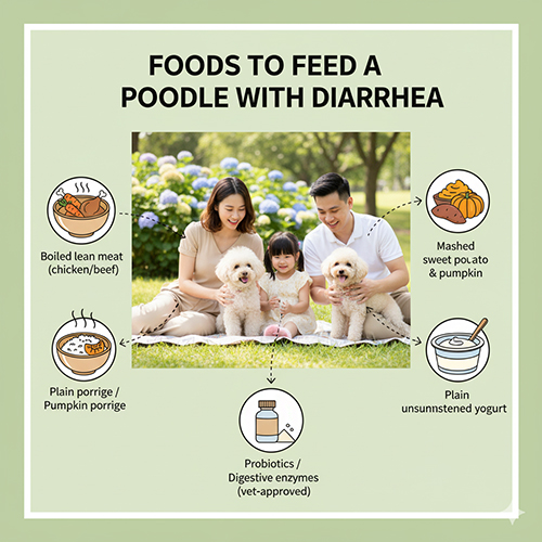 Thực phẩm nên cho chó Poodle bị tiêu chảy ăn: thịt gà bỏ da, thịt bò nạc luộc, cháo trắng hoặc cháo bí đỏ, khoai lang nghiền, sữa chua không đường, men vi sinh và probiotic thú y