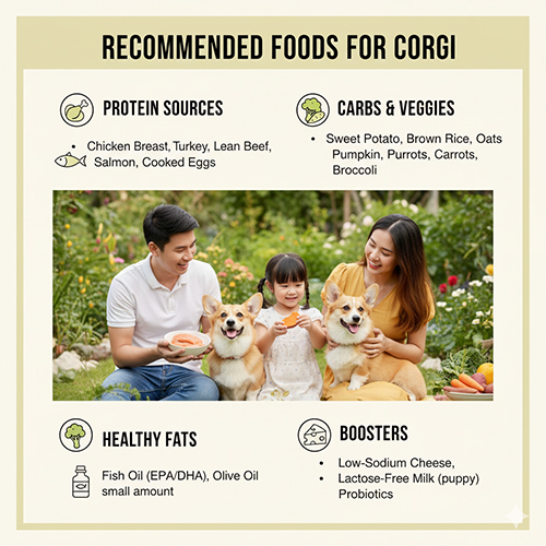 Nhóm thực phẩm nên dùng cho chó Corgi – đạm, tinh bột, rau củ, chất béo và booster