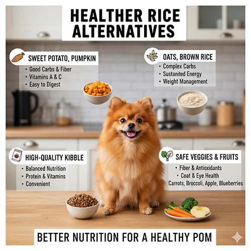 Infographic giới thiệu các thực phẩm lành mạnh thay thế cơm cho chó Phốc Sóc, bao gồm khoai lang, bí đỏ, yến mạch, gạo lứt, thức ăn hạt và rau củ quả.