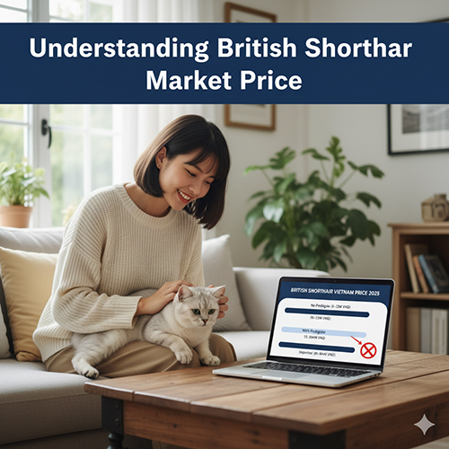 Người phụ nữ vuốt ve mèo Anh lông ngắn bên laptop hiển thị biểu đồ giá, minh họa thực tế giá thị trường 2025 và so sánh với tin rao giá rẻ.