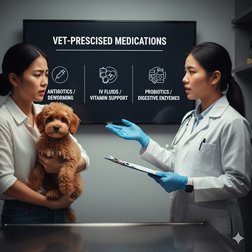 Thuốc thú y thường dùng chữa chó Poodle bị tiêu chảy: kháng sinh, tẩy giun, truyền dịch, vitamin B và men tiêu hóa.