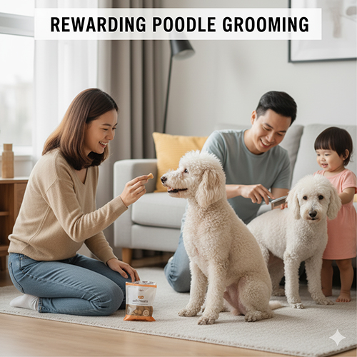 Gia đình thưởng hạt mềm cho chó Poodle sau khi chải lông và cắt tỉa tại nhà