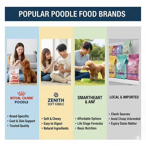 Các thương hiệu hạt phổ biến cho chó Poodle – Royal Canin, Zenith, Smartheart, ANF và các loại hạt nhập khẩu uy tín.