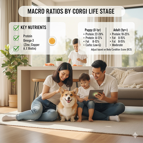 Tỉ lệ dinh dưỡng (macro) cho chó Corgi theo từng giai đoạn – protein, chất béo và tinh bột