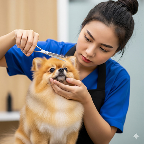 Tỉa lông quanh mặt và tai chó Phốc Sóc bằng kéo nhỏ để giữ dáng gọn gàng
