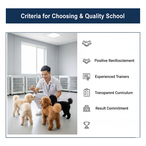 Tiêu chí chọn trường huấn luyện chó Poodle uy tín: phương pháp tích cực, huấn luyện viên kinh nghiệm, giáo trình minh bạch, cơ sở vật chất tốt, cam kết kết quả