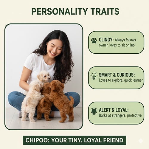 Tính cách Chipoo (Poodle lai Chihuahua): quấn chủ, lanh lợi, tò mò, thông minh nhưng hơi bướng, cảnh giác với người lạ
