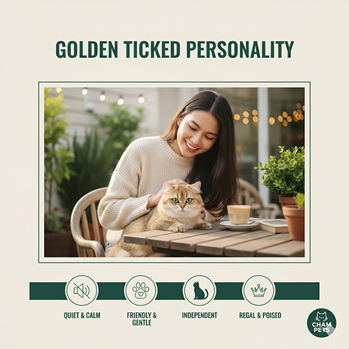 Mèo Anh lông ngắn Golden Ticked (ny25) với bộ lông vàng ticked và tính cách điềm đạm, thân thiện, độc lập