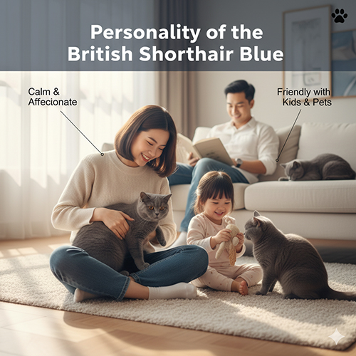 Tính cách mèo Anh lông ngắn xám xanh (British Shorthair Blue) hiền lành, tình cảm, thân thiện với trẻ nhỏ và thú cưng.