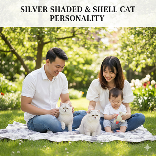 Gia đình vui chơi cùng mèo Anh lông ngắn Silver Shaded và Shell trên thảm cỏ, thể hiện tính cách hiền hòa điềm tĩnh