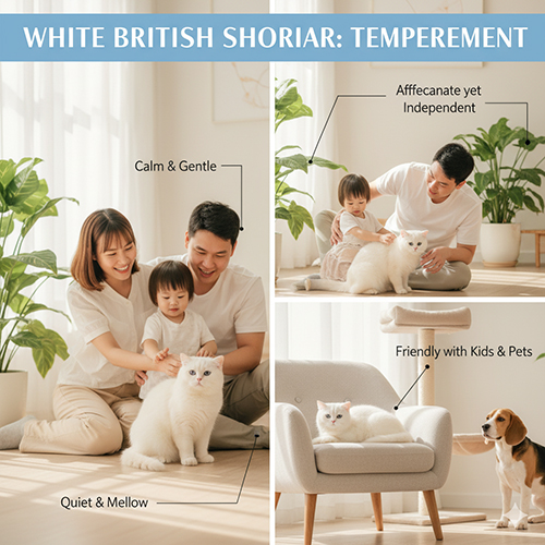 Tính cách mèo Anh lông ngắn trắng (British Shorthair White) hiền lành, điềm tĩnh, tình cảm độc lập và thân thiện với trẻ nhỏ, thú cưng khác.