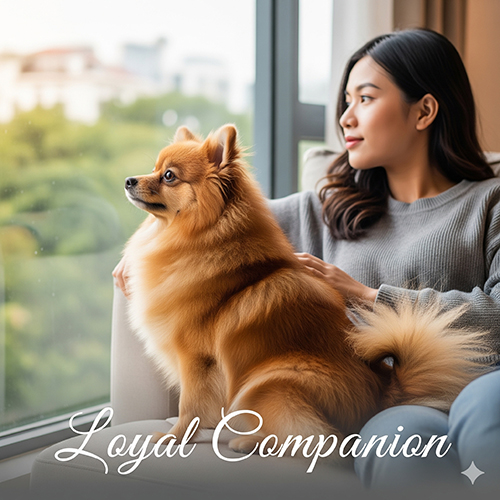 Chú chó Phốc Sóc trưởng thành cảnh giác ngồi bên cạnh chủ.