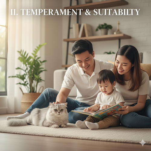 Gia đình trẻ Việt Nam đọc sách bên cạnh mèo Anh lông ngắn lai Anh lông dài nằm ngoan trên sàn phòng khách