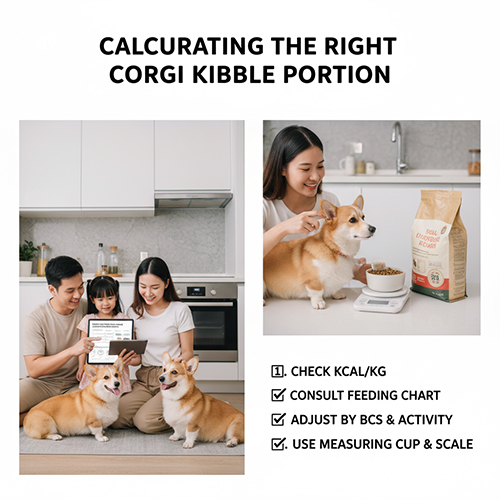 Chủ nuôi cân đo khẩu phần thức ăn hạt cho chó Corgi bằng cốc đong và cân điện tử