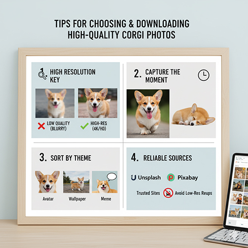 Infographic hướng dẫn chọn ảnh Corgi chất lượng cao: Ưu tiên High-Res (4K/HD), bắt khoảnh khắc tự nhiên, phân loại theo chủ đề (avatar, wallpaper, meme) và nguồn tin cậy.