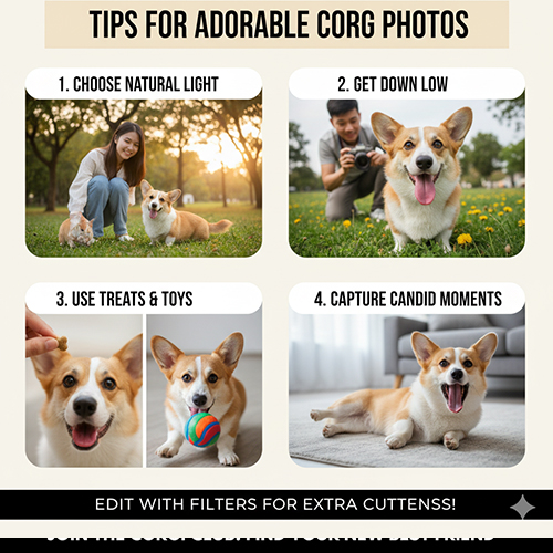 Mẹo chụp ảnh chó Corgi dễ thương: dùng ánh sáng tự nhiên, hạ thấp góc chụp, dùng đồ chơi và bắt khoảnh khắc tự nhiên 🐶📸