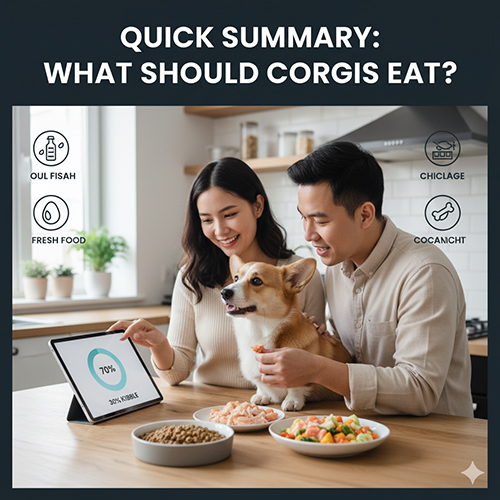 Gia đình cho chó Corgi ăn kết hợp thức ăn hạt và đồ tươi theo tỷ lệ 70/30