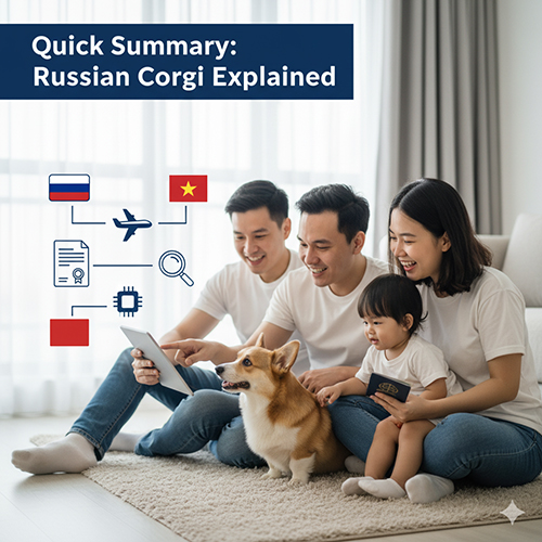 Gia đình xem giấy tờ và hộ chiếu thú y của Corgi nhập Nga, minh họa quy trình xác thực