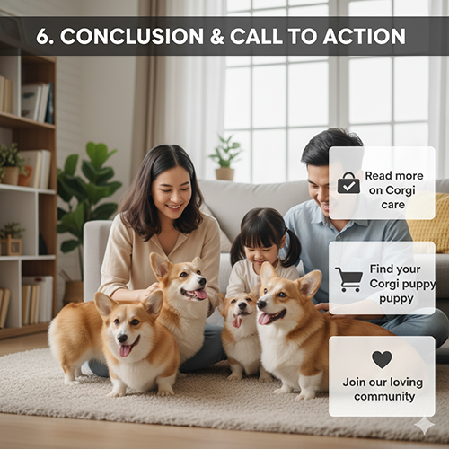 Gia đình vui vẻ bên ba chú chó Corgi, minh họa kết luận và lời kêu gọi hành động