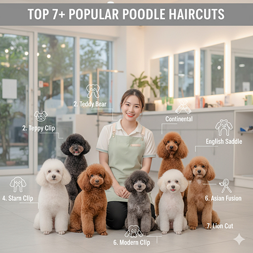 Top 7+ mẫu cắt lông chó Poodle đẹp và phổ biến nhất hiện nay ✂️🐩 – Teddy Bear, Puppy Clip, Continental, English Saddle, Modern, Asian Fusion, Lion Cut