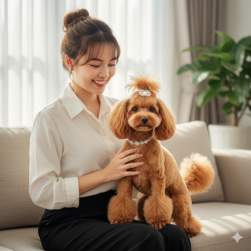 Cô gái Việt trẻ ôm chó Poodle kiểu Topknot và Pom Poms sang trọng.