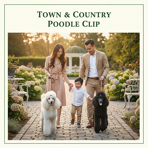 Gia đình Việt trẻ dắt chó Poodle kiểu Town & Country trong công viên.