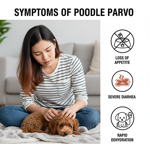 Triệu chứng chó Poodle bị Parvo – bỏ ăn, tiêu chảy nặng, mất nước nhanh, nôn mửa liên tục