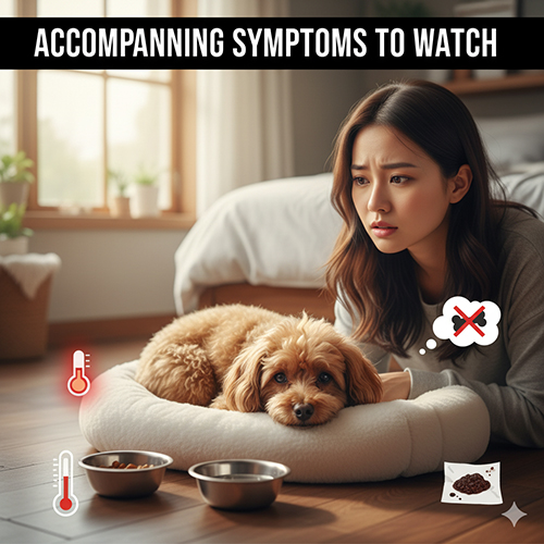 Triệu chứng đi kèm khi chó Poodle bị tiêu chảy ra máu – nôn mửa, mất nước, sốt cao, sụt cân