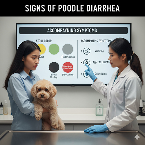 Triệu chứng đi kèm khi chó Poodle bị tiêu chảy: nôn mửa, bỏ ăn sụt cân, mất nước, mệt mỏi lười vận động.