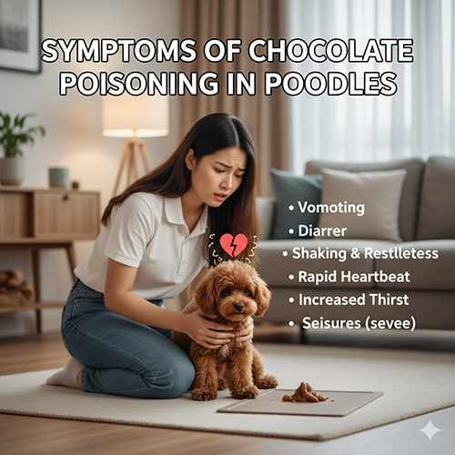 Triệu chứng ngộ độc socola ở chó Poodle – nôn ói, tiêu chảy, run rẩy, tim đập nhanh, co giật.