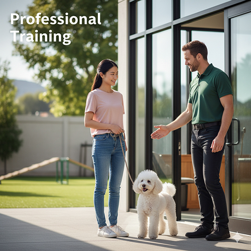 Huấn luyện viên chuyên nghiệp hướng dẫn chủ dắt chó Poodle trắng tại sân trường huấn luyện